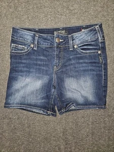 Silver Suki Mid Shorts Women's 31 Blue Super Stretch Embroidered Casual Preppy - Picture 1 of 12