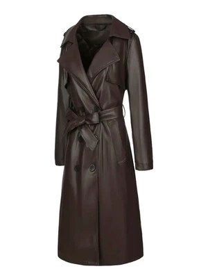 Women’s Leather Belted Long Coat Elegant Winter Trench Brown Black  Overcoat - Image 1 of 4