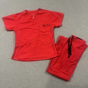 Wmns Small Med Couture E-Z Flex Stretch Red Scrubs Set Shirt Pants Short Sleeve - Picture 1 of 12