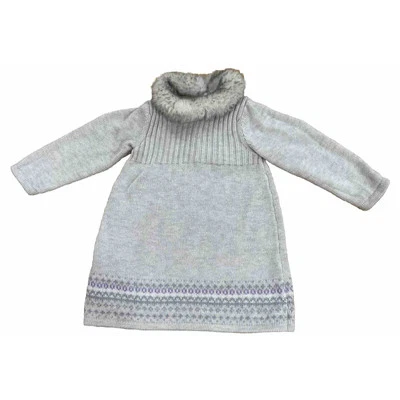Janie And Jack Sweater Dress Faux Fur Collar Fair Isle Beige Sz 12-18 Months - Image 1 of 4