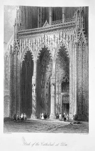 IGLESIA CATEDRAL GÓTICA ULMER MUNSTER ULM MINSTER ~ Grabado impresión artística antigua de 1842 - Imagen 1 de 1