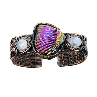 Titanium Coated Shell Stone Rainbow Moonstone Copper Handcrafted Bangle Jewelry - Image 1 of 4