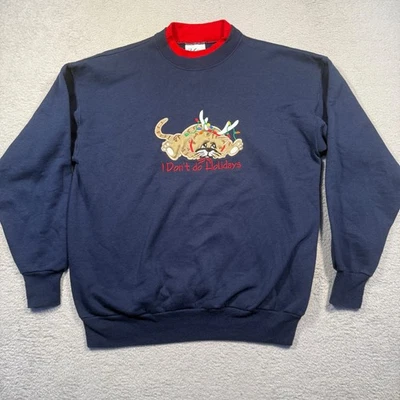 复古 90 年代海军蓝猫 I Dont Do Holidays 刺绣模拟领运动衫 M — 第 1/4 张图片