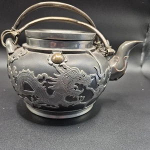 Antique Chinese Yixing Zisha Teapot Pewter Dragon Chasing Flaming Pearl Design - Picture 1 of 9
