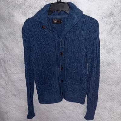 RRL Ralph Lauren Men’s XS Cable Knit Cotton Wool Shawl Collar Sweater Blue - Image 1 of 4