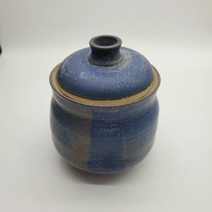 Signed Lidded Blue Studio Art Pottery Stoneware Jar with Thumb Divots - Picture 1 of 12