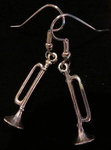 Horn Trumpet Earrings Oxidized Matte Silver Music Band Symphony Orchestra - Picture 1 of 1
