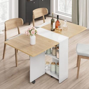 Folding Dining Table Space Saving Kitchen Table 2 Tier Storage Rack with Wheels - Picture 1 of 9
