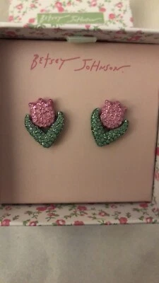 Aretes Betsey Johnson rosa pastel y verde primavera flor tulipán cristal nuevos en caja Foto 1 de 4