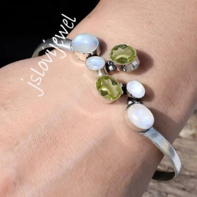Moonstone & Peridot Cut Gemstone 925 Sterling Silver Cuff Bangle For Partner - Image 1 of 4