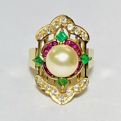 14K Yellow Gold 8mm Pearl Emerald Ruby Cubic Zirconia Size 7.25 Ring 7.0g - Image 1 of 4