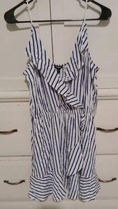 NWT Express Striped V-Neck Ruffle Cami Sun Dress Large Blue White - Picture 1 of 4