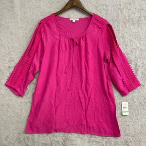 NEW Studio Works Cold Shoulder Women's L Pink Crochet Trim Tunic Top - Picture 1 of 9