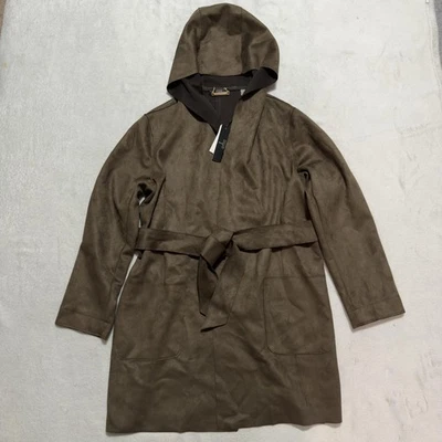 Casaco Tahari feminino médio vison marrom couro sintético com capuz bolsos com cinto TH4119 - Imagem 1 de 4