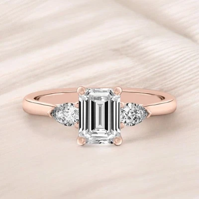 Engagement Diamond Ring IGI GIA Lab Grown Emerald Cut 1.40 Ct 14K Rose Gold Band - Image 1 of 4