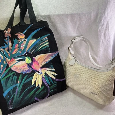 The Sak Shoulder Strap Purse/Bag Off White Cream Woven Nylon Exterior W/Blk Tote - Image 1 of 4