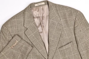Vintage Ralph Ralph Lauren Beige Windowpane Silk/Wool/Linen 3-Button Blazer 46 L - Picture 1 of 14