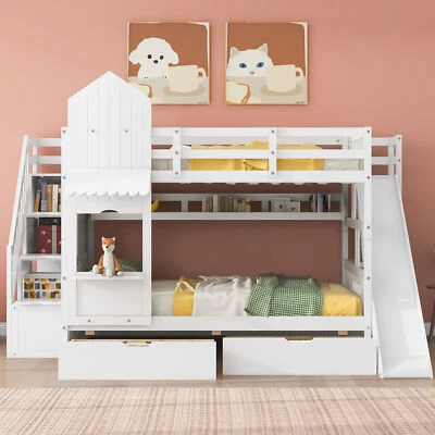 Castle Style Bunk Bed with Drawers, Shelves, Slide and Storage Stairway Wood Bed - Image 1 of 4