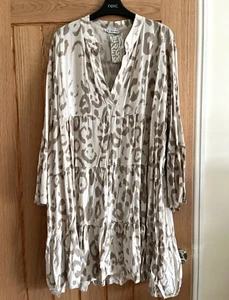 New Collection Beige & Taupe Animal Print Smock Dress, Size approx 18-20 - Picture 1 of 8