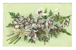 Postal de felicitación de cumpleaños c1907 flor blanca, brillo/repujado - Imagen 1 de 2