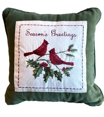 Vtg Cardinal Throw Pillow Christmas Holiday Decor 13” Green Velvet Embroidered - Image 1 of 4
