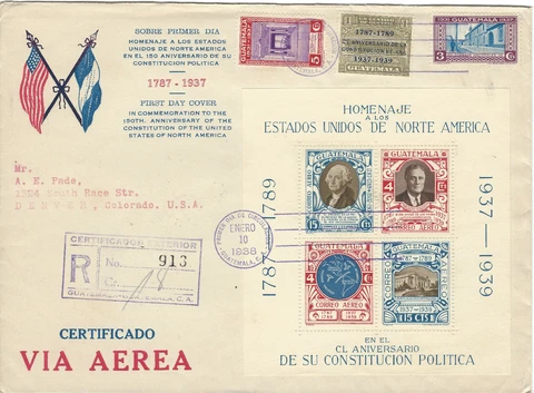 1938 GUATEMALA REGISTERED FDC COVER TO DENVER 150TH US CONSTITUTION ANNIVERSARY Cover