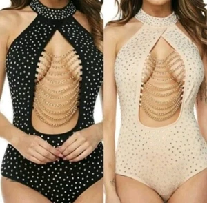 Sexy Chain Crystals Bodysuit Tan - Picture 1 of 2
