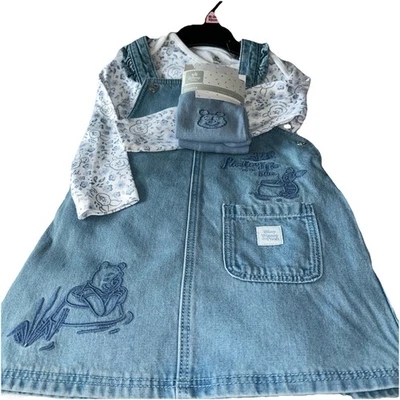 18-24 Months Disney Winnie The Pooh 3 Pc Outfit~ Denim Pinafore, Top & Tights - Image 1 of 4