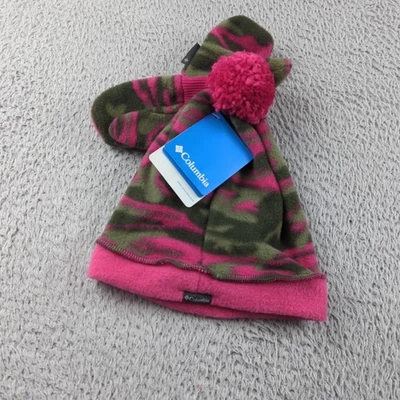Columbia Hat Mitten Set Toddler One Size Baby Girls Pink Camo Glove Pom Beanie - Image 1 of 4