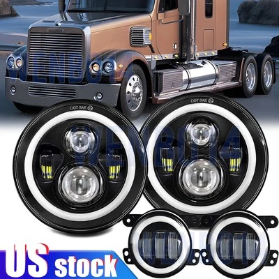 for Freightliner Coronado 7'' LED Headlight Round Projector Hi/Lo+ 4"Fog Light - Image 1 of 4