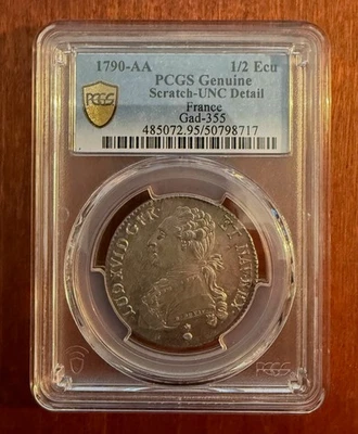 MONEDA DE PLATA FRANCIA REY LOUIS XVI 1790-AA 1/2 ECU, CERTIFICADA PCGS SIN CIRCULAR DETALLE Foto 1 de 4