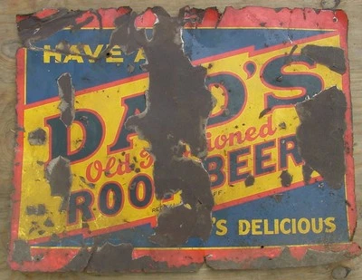 LETRERO ORIGINAL DE CERVEZA DE RAÍZ ANTIGUA DE HOJALATA DE PAPÁ Foto 1 de 4