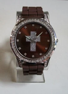 Men's  brown silicone band fashion religious cross dressy casual watch - Picture 1 of 6