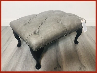 Chesterfield Buttoned Queen Anne Grey Genuine Leather Footstool - Image 1 of 4