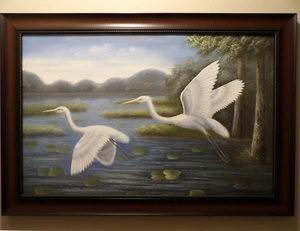 Framed Flying Cranes Original Oil Painting by M.AAron - Picture 1 of 3