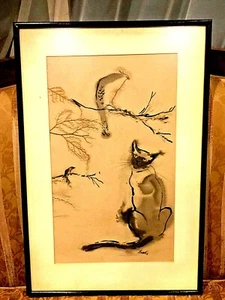 VINTAGE ORGINAL INK ON PAPER PAINTING CAT AND 2 CROW SIGNED "FREDI" FRAMED - Picture 1 of 8