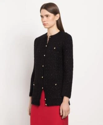 NUEVO CON ETIQUETAS Valentino Negro Tweed y Lentejuelas Rockstud Cárdigan Suéter Talla XS $4,400 Foto 1 de 4