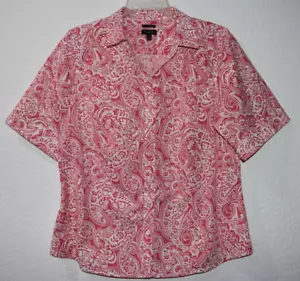 Talbots Petite 14p Shirt Non-Iron Short Slv Stretch Pink Paisley Button Blouse - Picture 1 of 19
