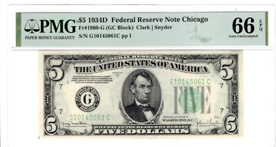 $5 1934D FEDERAL RESERVE NOTE CHICAGO / GEM UNCIRCULATED PMG 66EPQ FR 1960G - Image 1 of 2