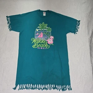 Vintage Jerzees Waikiki Beach Hawaii Bright Neon Fringe Shirt Dress Classic Funk - Picture 1 of 8