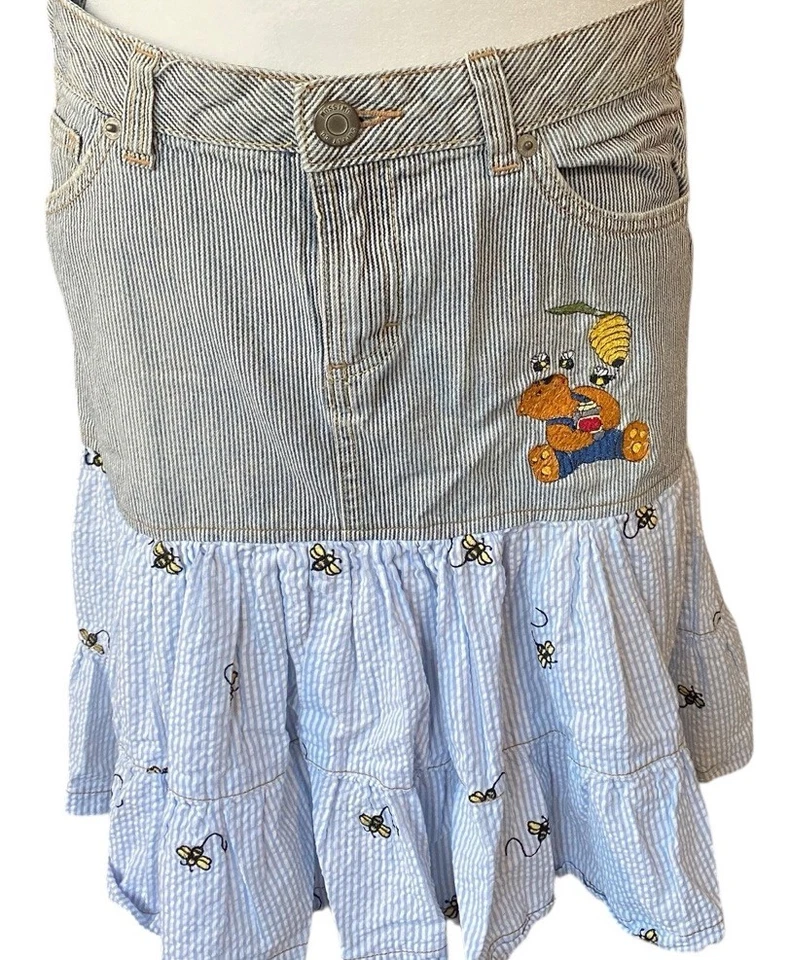 vintage Denim ruffled Skirt Women 12 Winnie Pooh Seersucker Jean Y2k 90s Disney - Image 1 of 4
