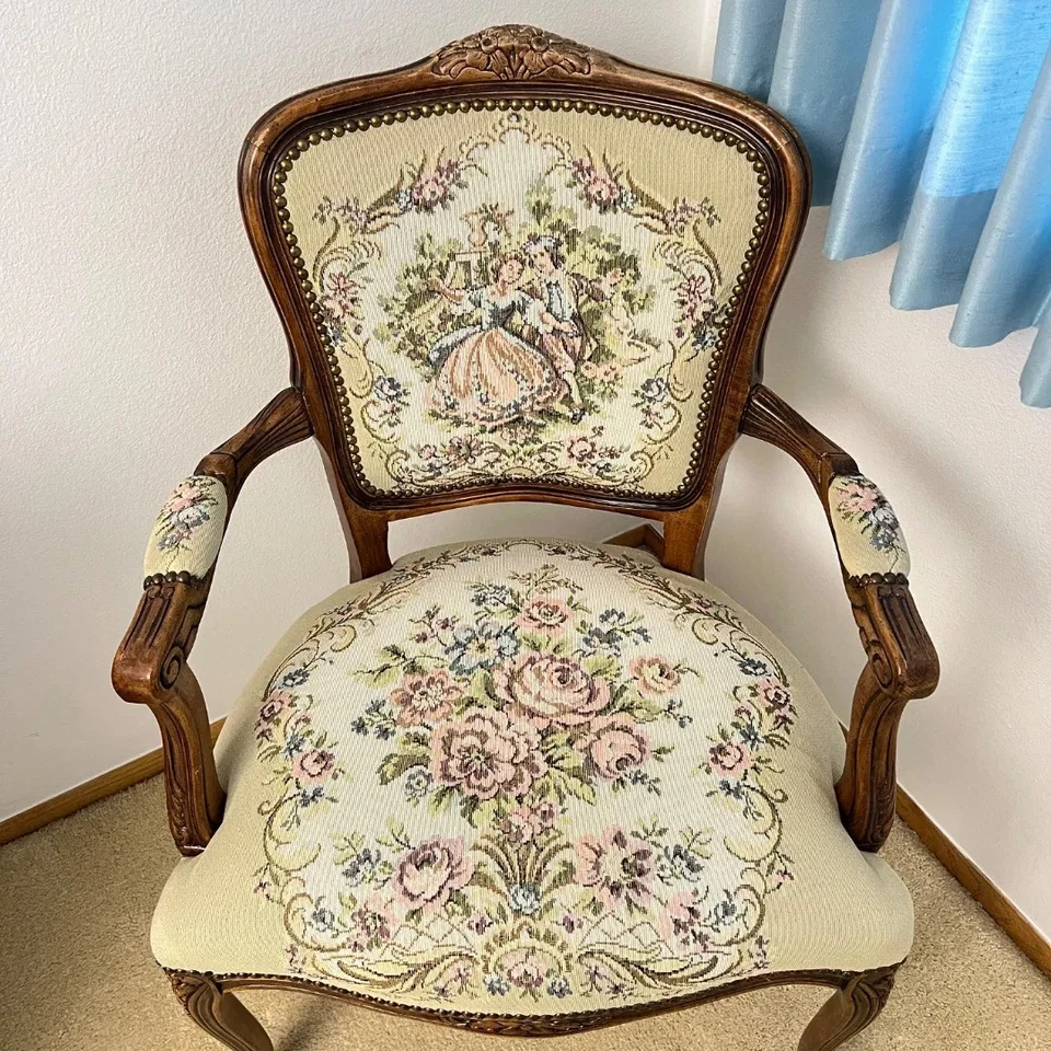 Vintage French Louis XV Style Needlepoint Arm Chair with Pink Pastoral Scene Tap - Image 1 of 4