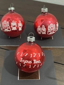 3 Vtg. MCM Shiny Brite Stenciled Red  JOYOUS NOEL Choir Singers Ornaments - Picture 1 of 18