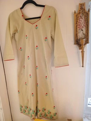 Handmade Embroidered Flower Dress Cotton Linen Mix cottagecore French Country  - Image 1 of 4