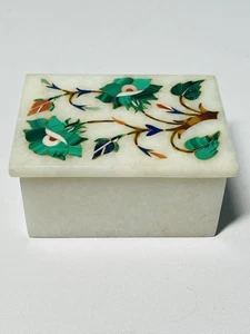 Handcrafted White Marble Box with Inlay of semi precious stones 3.25” X 2.25” - Picture 1 of 7