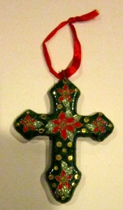 Cloisonné Smalto Croce Verde Ornamento Floreale Vintage Ottimo 5 1/2" - Foto 1 di 3