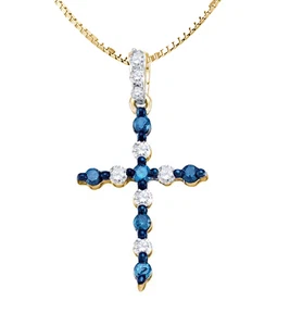 10K Yellow Gold Blue & White Diamond Cross Pendant .25ct Religious Faith - Picture 1 of 3