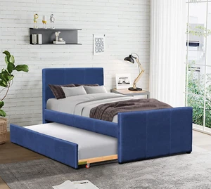 3FT SINGLE BLUE LINEN FABRIC BED & TRUNDLE GUEST SLIDE OUT BED MATTRESS OPTIONS - Picture 1 of 4