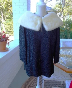 Vintage Black Ribbon Jacket W/7" Wide Ivory Mink Fur Collar Leonard Schwartz M/L - Picture 1 of 12