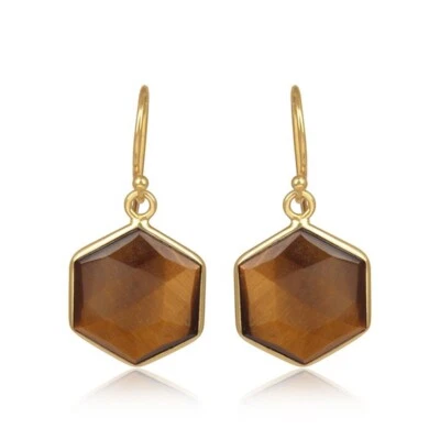 Pendientes colgantes de piedras preciosas hexagonales enchapados en oro de 18 quilates con opción de piedras preciosas Foto 1 de 4